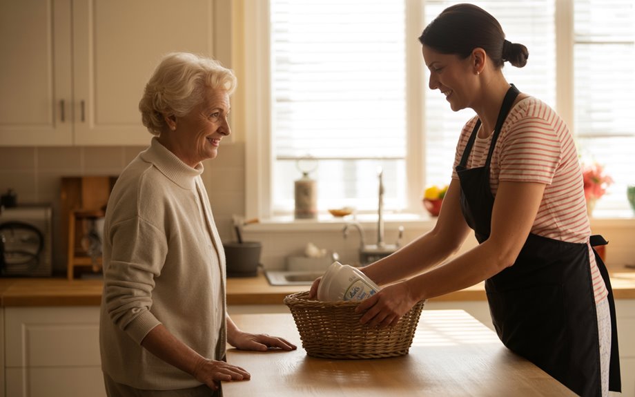 A caregiver tidying a bright kitchen while the woman who lives there stands at the counter, talking with her.